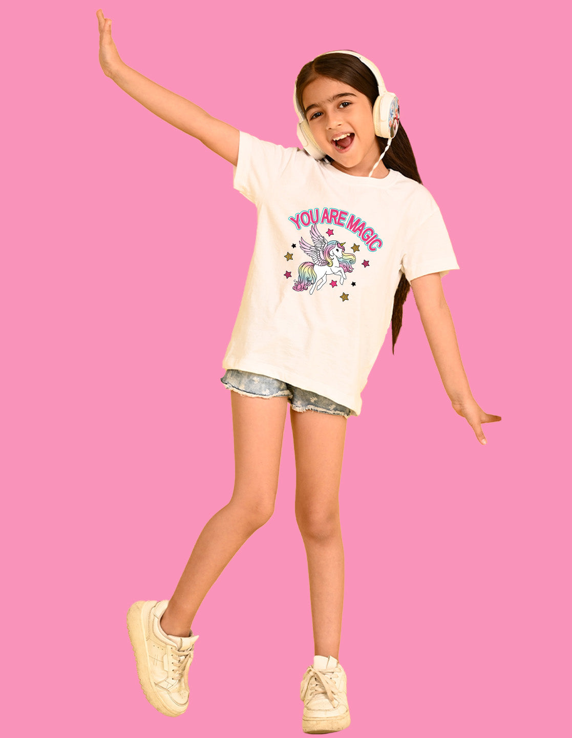 Nusyl Girls White You Are Magic Text Printed  Short sleeve Cotton Blend Oversized T-shirts