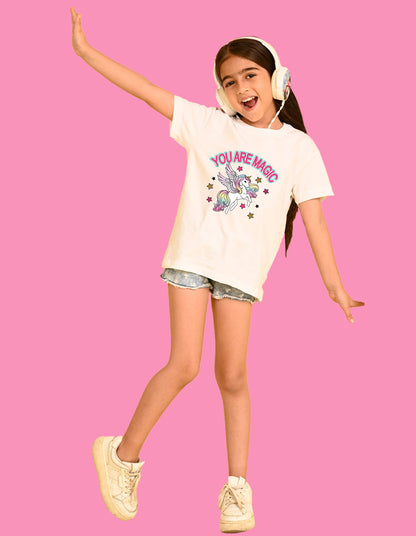 Nusyl Girls White You Are Magic Text Printed  Short sleeve Cotton Blend Oversized T-shirts