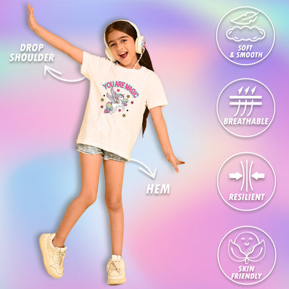 Nusyl Girls White You Are Magic Text Printed  Short sleeve Cotton Blend Oversized T-shirts