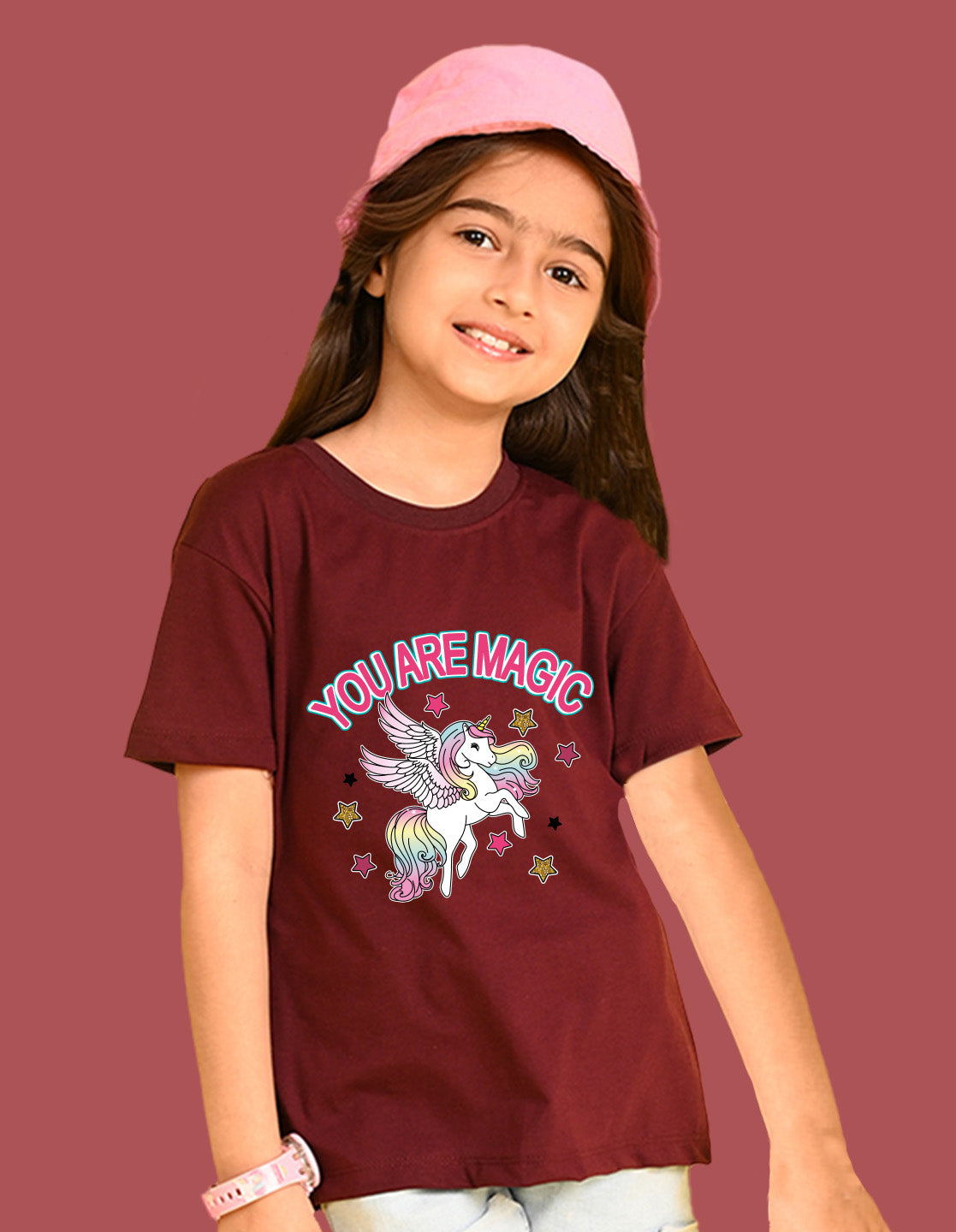 Nusyl Girls Wine You Are Magic Text Printed  Short sleeve Cotton Blend Oversized T-shirts