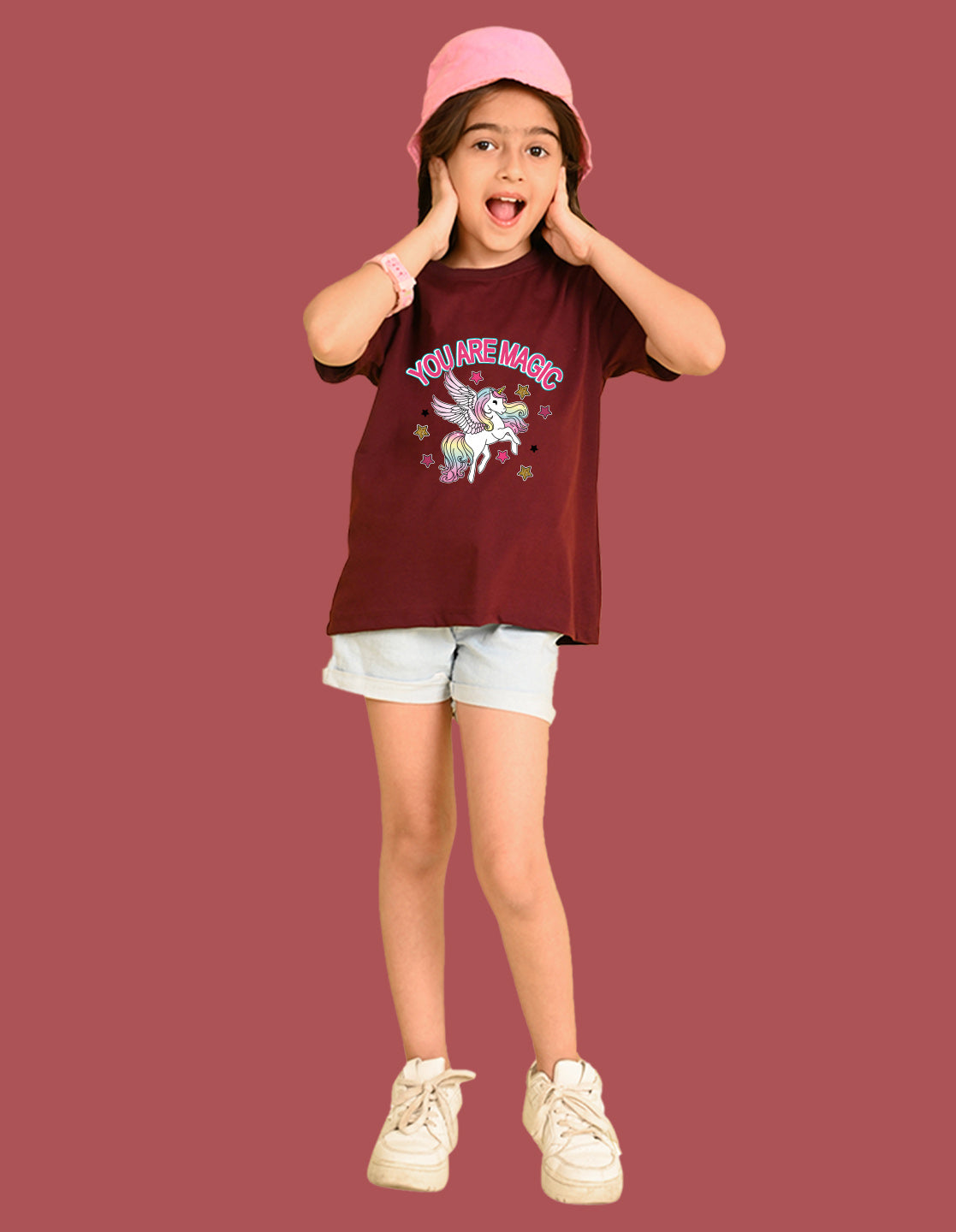 Nusyl Girls Wine You Are Magic Text Printed  Short sleeve Cotton Blend Oversized T-shirts