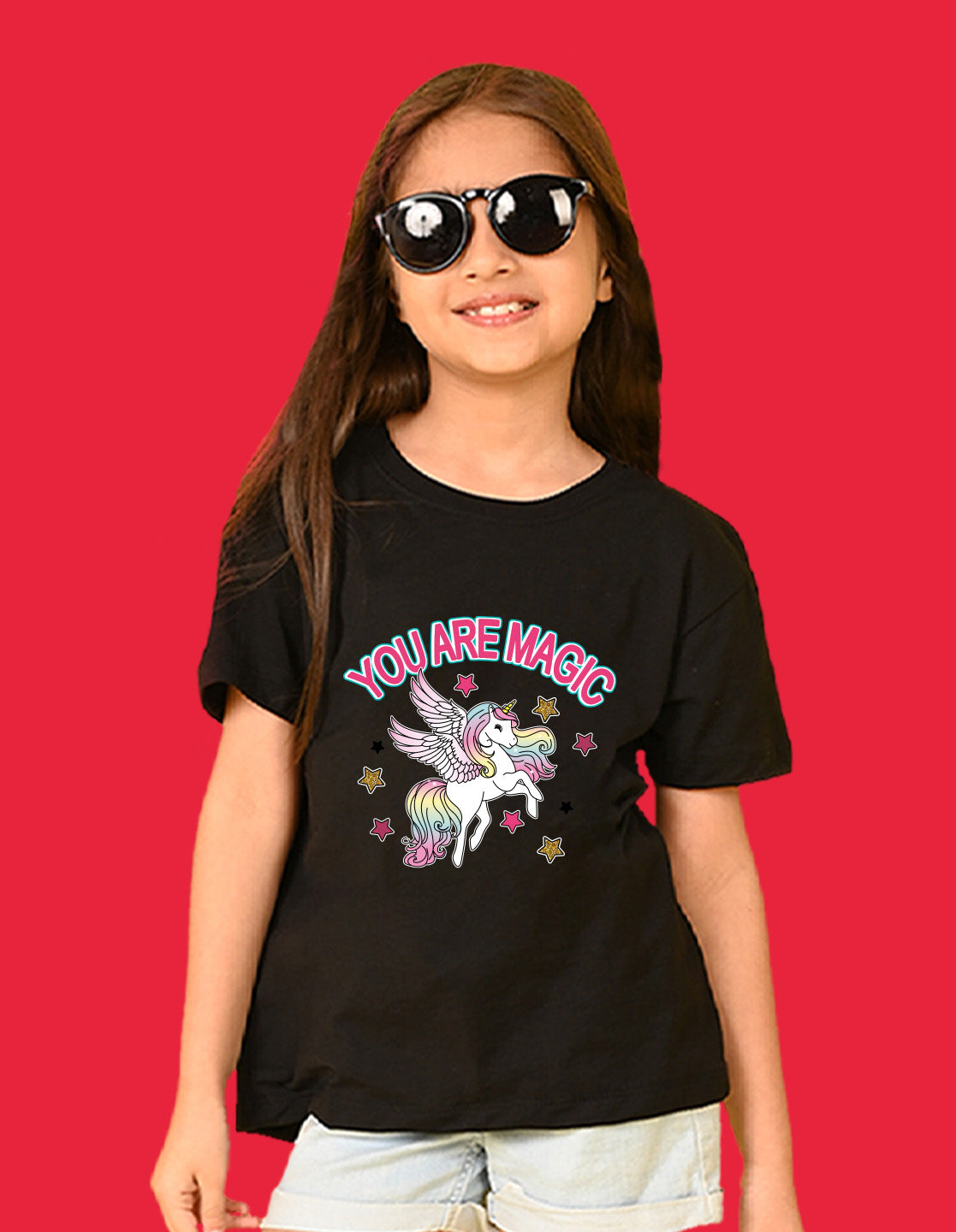 Nusyl Girls Black You Are Magic Text Printed  Short sleeve Cotton Blend Oversized T-shirts