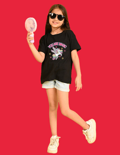 Nusyl Girls Black You Are Magic Text Printed  Short sleeve Cotton Blend Oversized T-shirts