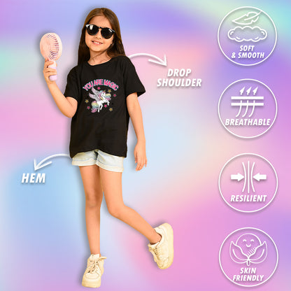 Nusyl Girls Black You Are Magic Text Printed  Short sleeve Cotton Blend Oversized T-shirts
