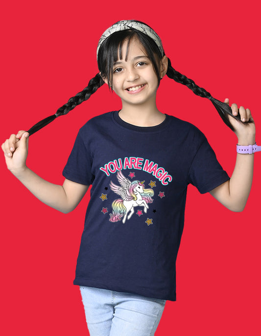 Nusyl Girls Navy Blue You Are Magic Text Printed  Short sleeve Cotton Blend Oversized T-shirts