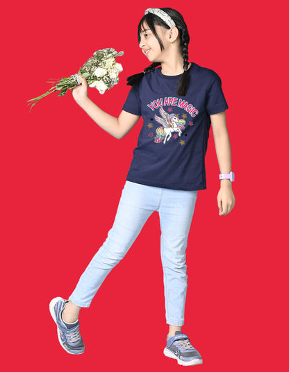 Nusyl Girls Navy Blue You Are Magic Text Printed  Short sleeve Cotton Blend Oversized T-shirts