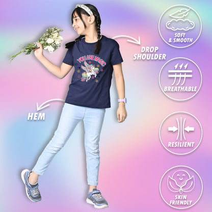 Nusyl Girls Navy Blue You Are Magic Text Printed  Short sleeve Cotton Blend Oversized T-shirts