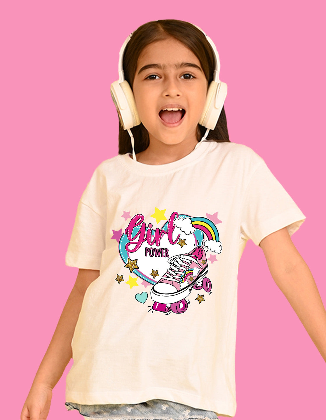 Nusyl Girls White Skate & girl Power text Printed  Short sleeve Cotton Blend Oversized T-shirts