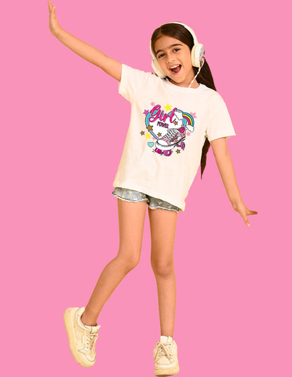 Nusyl Girls White Skate & girl Power text Printed  Short sleeve Cotton Blend Oversized T-shirts