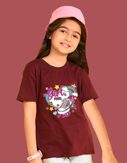Nusyl Girls Wine Skate & girl Power text Printed  Short sleeve Cotton Blend Oversized T-shirts