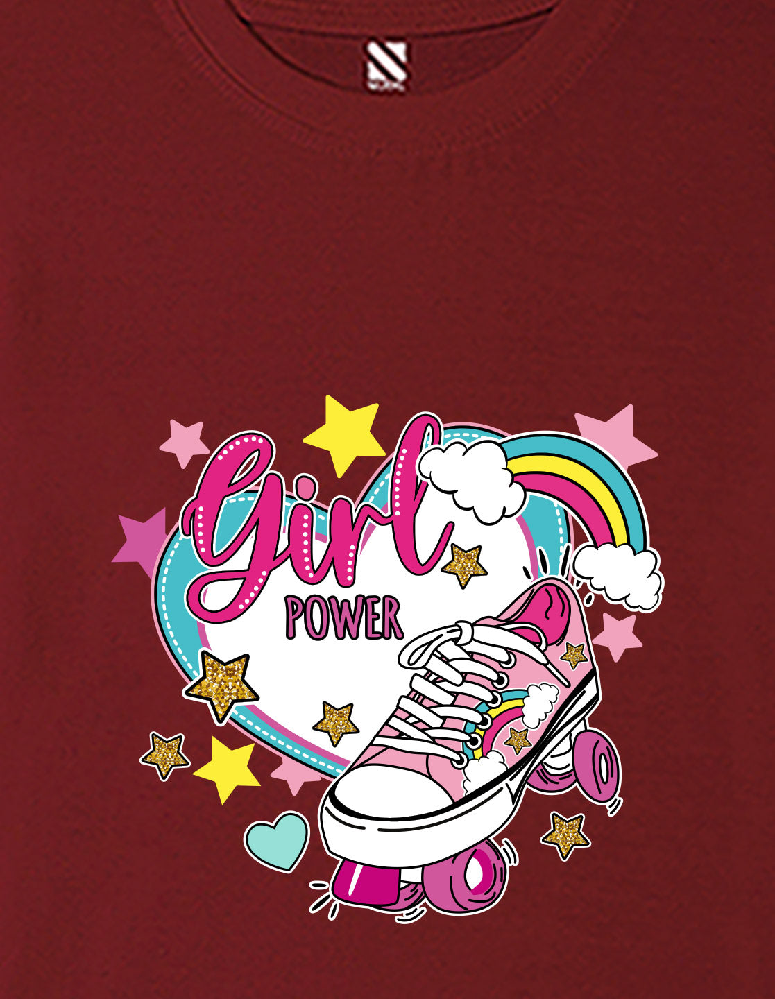 Nusyl Girls Wine Skate & girl Power text Printed  Short sleeve Cotton Blend Oversized T-shirts
