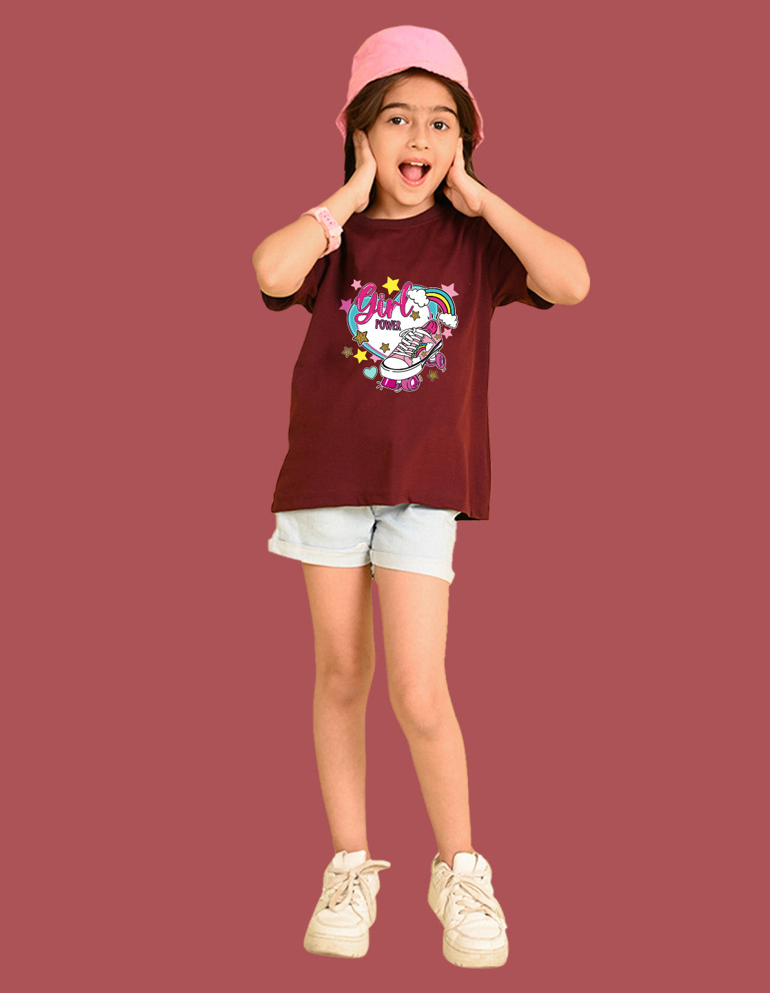 Nusyl Girls Wine Skate & girl Power text Printed  Short sleeve Cotton Blend Oversized T-shirts