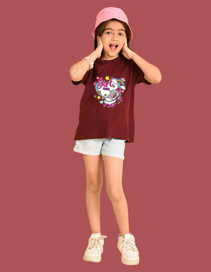 Nusyl Girls Wine Skate & girl Power text Printed  Short sleeve Cotton Blend Oversized T-shirts