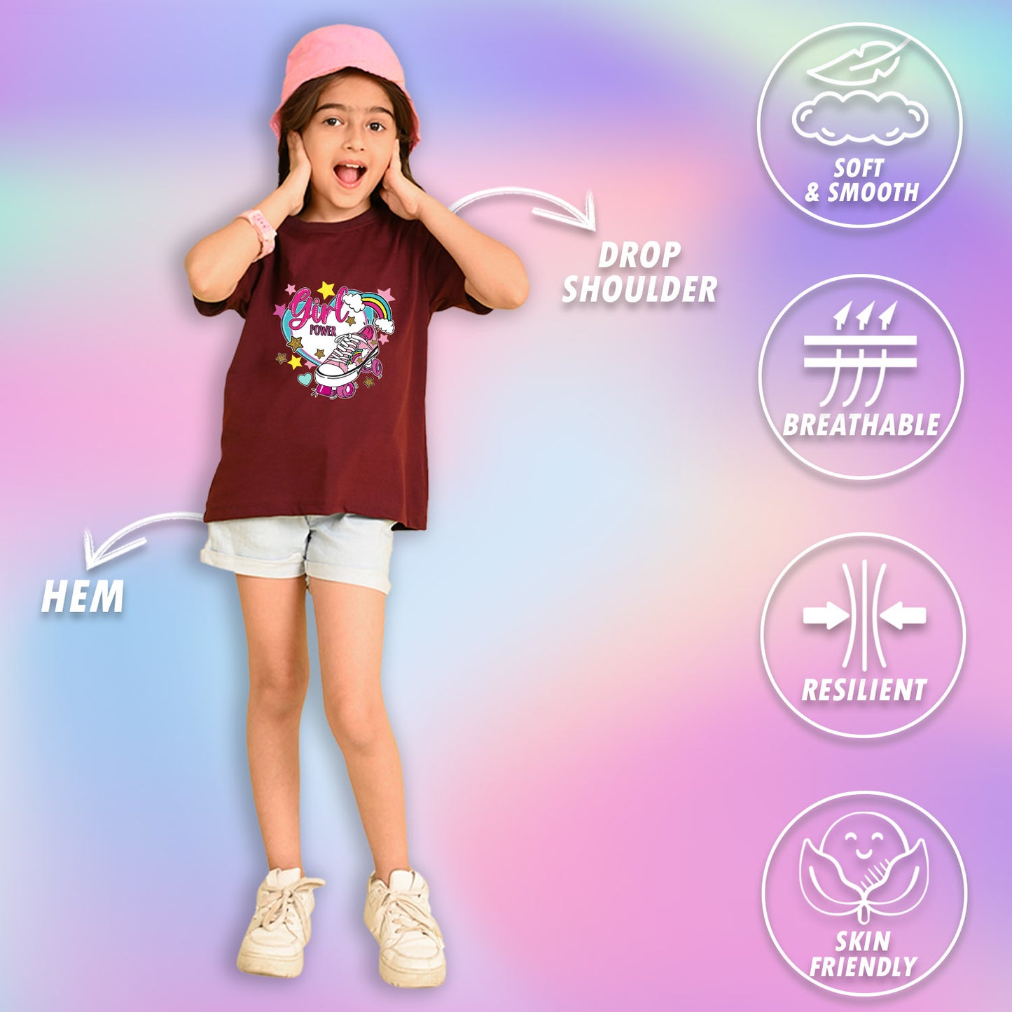 Nusyl Girls Wine Skate & girl Power text Printed  Short sleeve Cotton Blend Oversized T-shirts