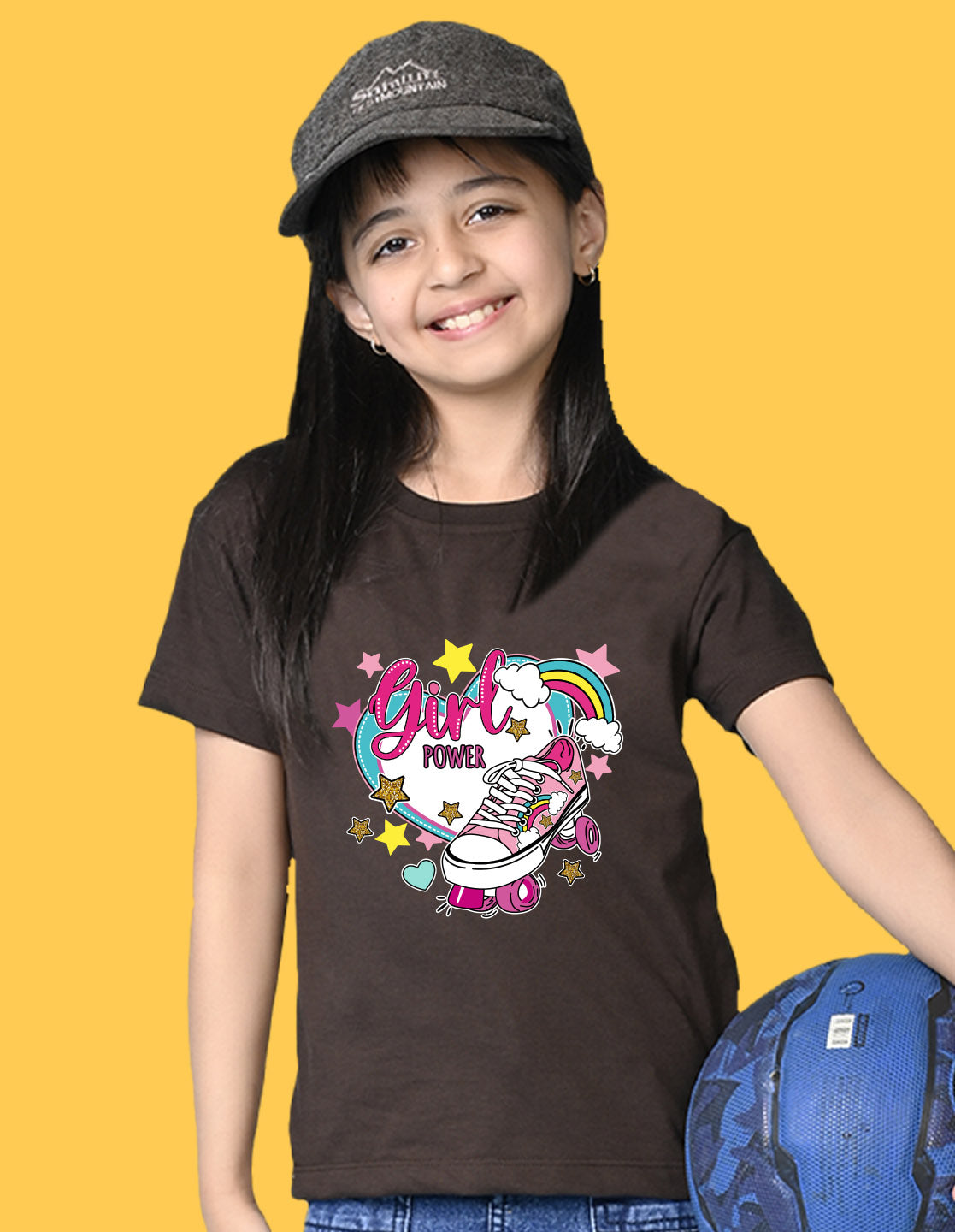 Nusyl Girls Brown Skate & girl Power text Printed  Short sleeve Cotton Blend Oversized T-shirts