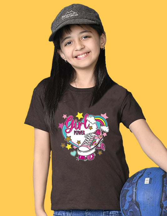 Nusyl Girls Brown Skate & girl Power text Printed  Short sleeve Cotton Blend Oversized T-shirts