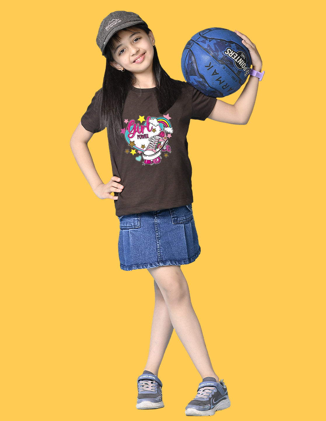 Nusyl Girls Brown Skate & girl Power text Printed  Short sleeve Cotton Blend Oversized T-shirts