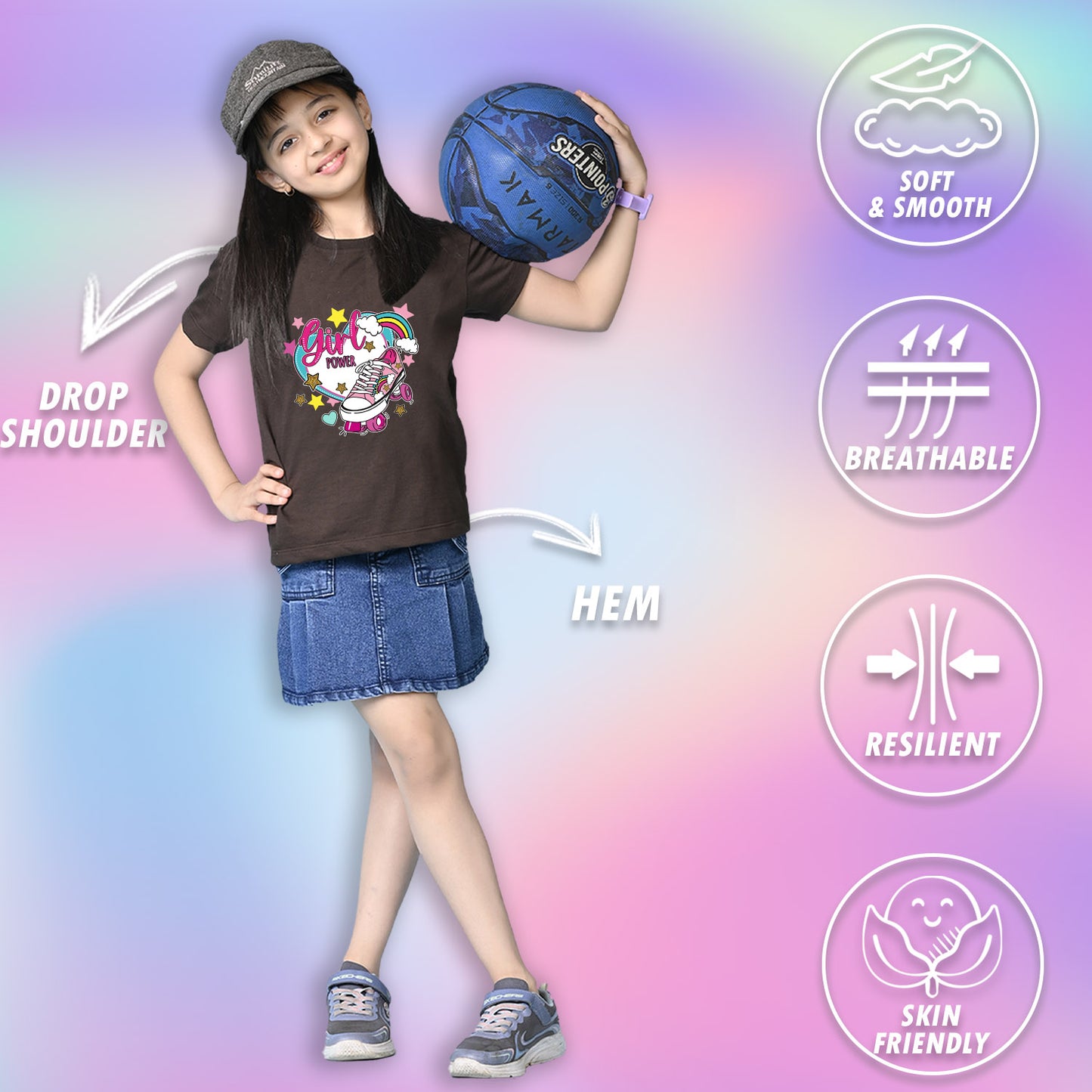 Nusyl Girls Brown Skate & girl Power text Printed  Short sleeve Cotton Blend Oversized T-shirts