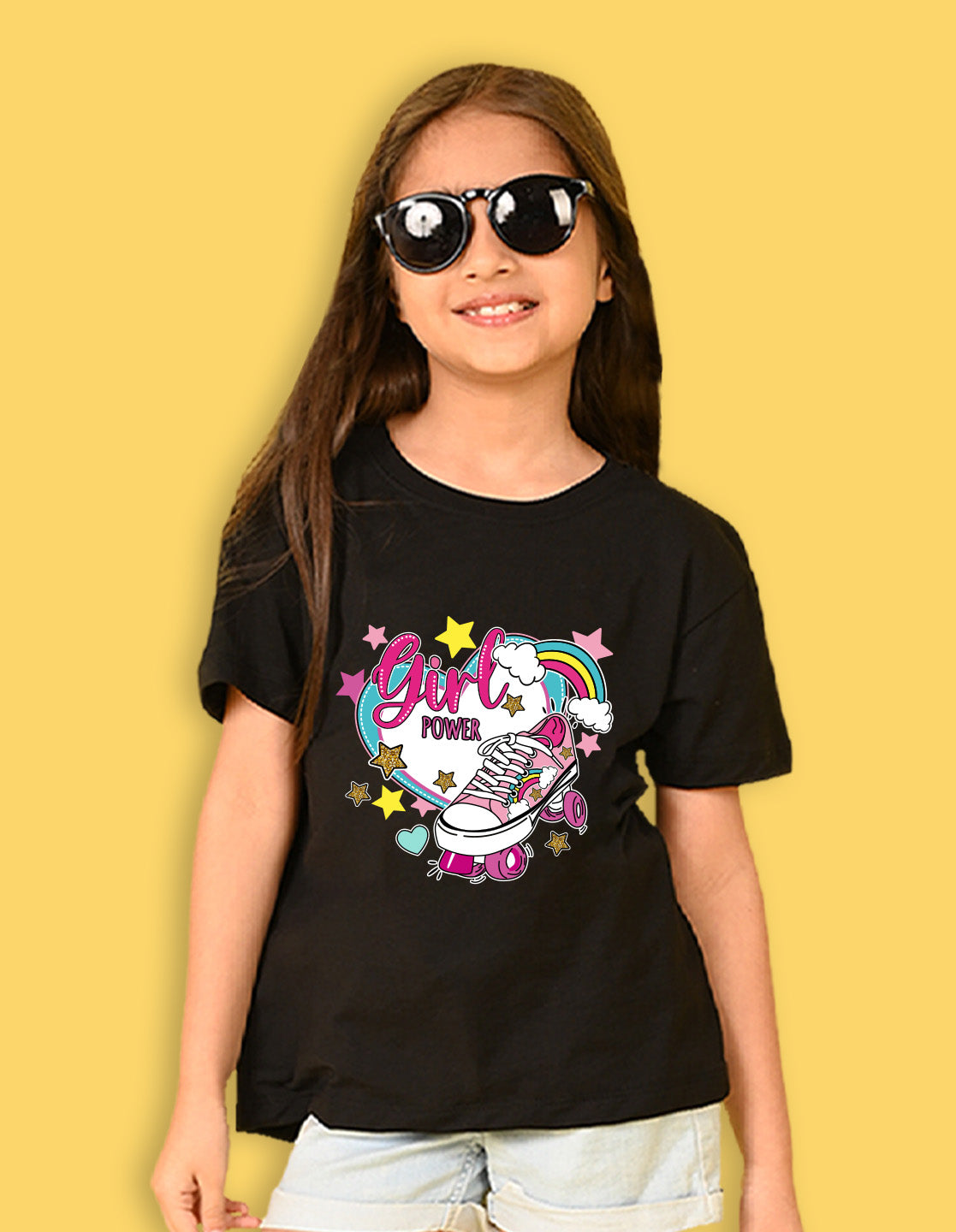 Nusyl Girls Black Skate & girl Power text Printed  Short sleeve Cotton Blend Oversized T-shirts