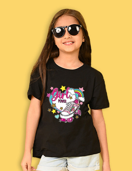 Nusyl Girls Black Skate & girl Power text Printed  Short sleeve Cotton Blend Oversized T-shirts
