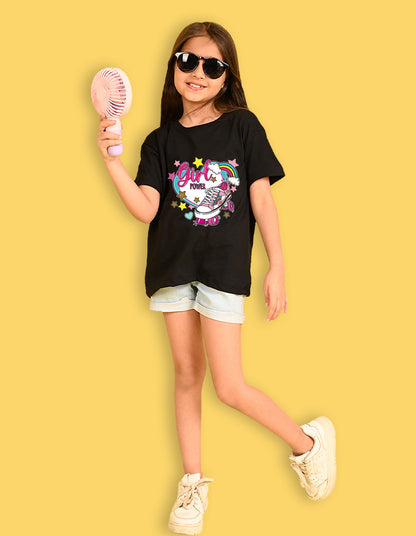 Nusyl Girls Black Skate & girl Power text Printed  Short sleeve Cotton Blend Oversized T-shirts
