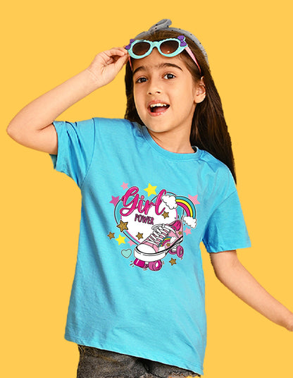 Nusyl Girls Sky Blue Skate & girl Power text Printed  Short sleeve Cotton Blend Oversized T-shirts