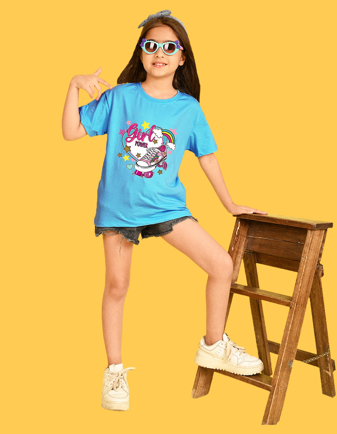 Nusyl Girls Sky Blue Skate & girl Power text Printed  Short sleeve Cotton Blend Oversized T-shirts