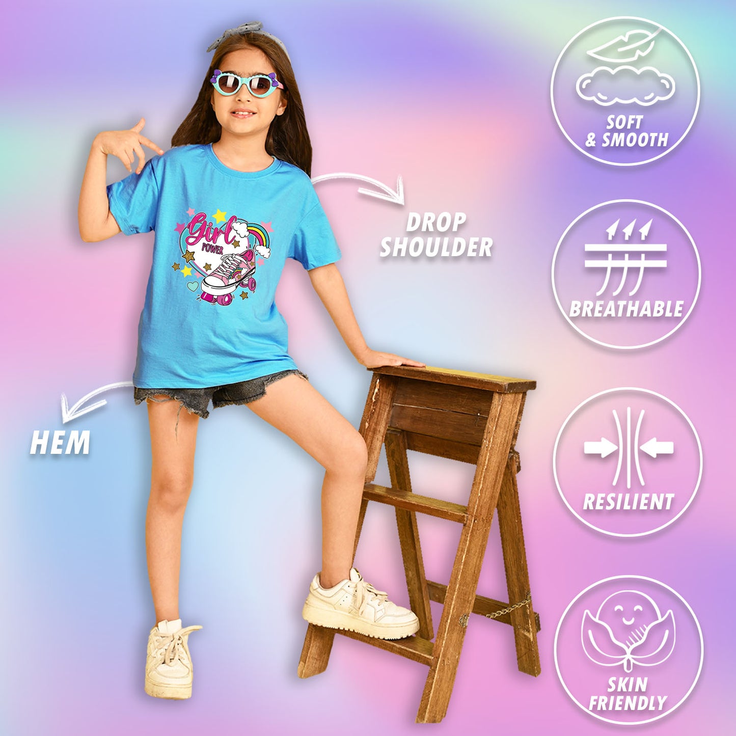 Nusyl Girls Sky Blue Skate & girl Power text Printed  Short sleeve Cotton Blend Oversized T-shirts