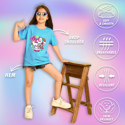 Nusyl Girls Sky Blue Skate & girl Power text Printed  Short sleeve Cotton Blend Oversized T-shirts