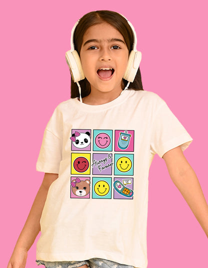 Nusyl Girls White Bears and smile emoji Printed  Printed  Short sleeve  Oversized T-shirts