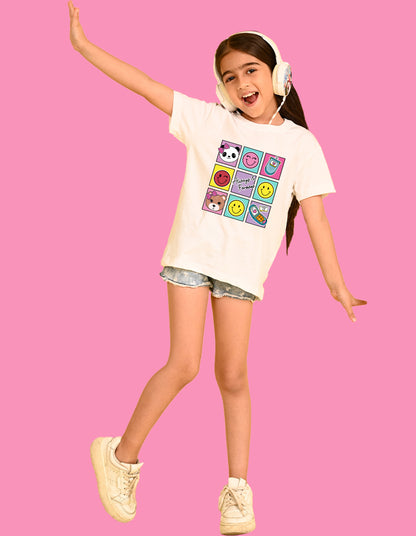 Nusyl Girls White Bears and smile emoji Printed  Printed  Short sleeve  Oversized T-shirts