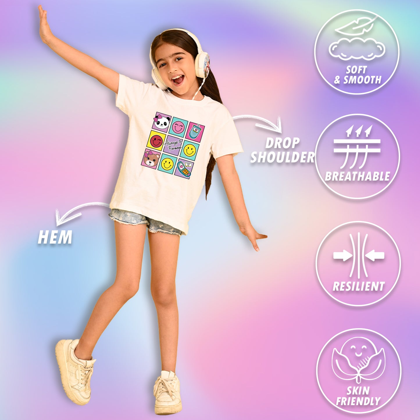 Nusyl Girls White Bears and smile emoji Printed  Printed  Short sleeve  Oversized T-shirts