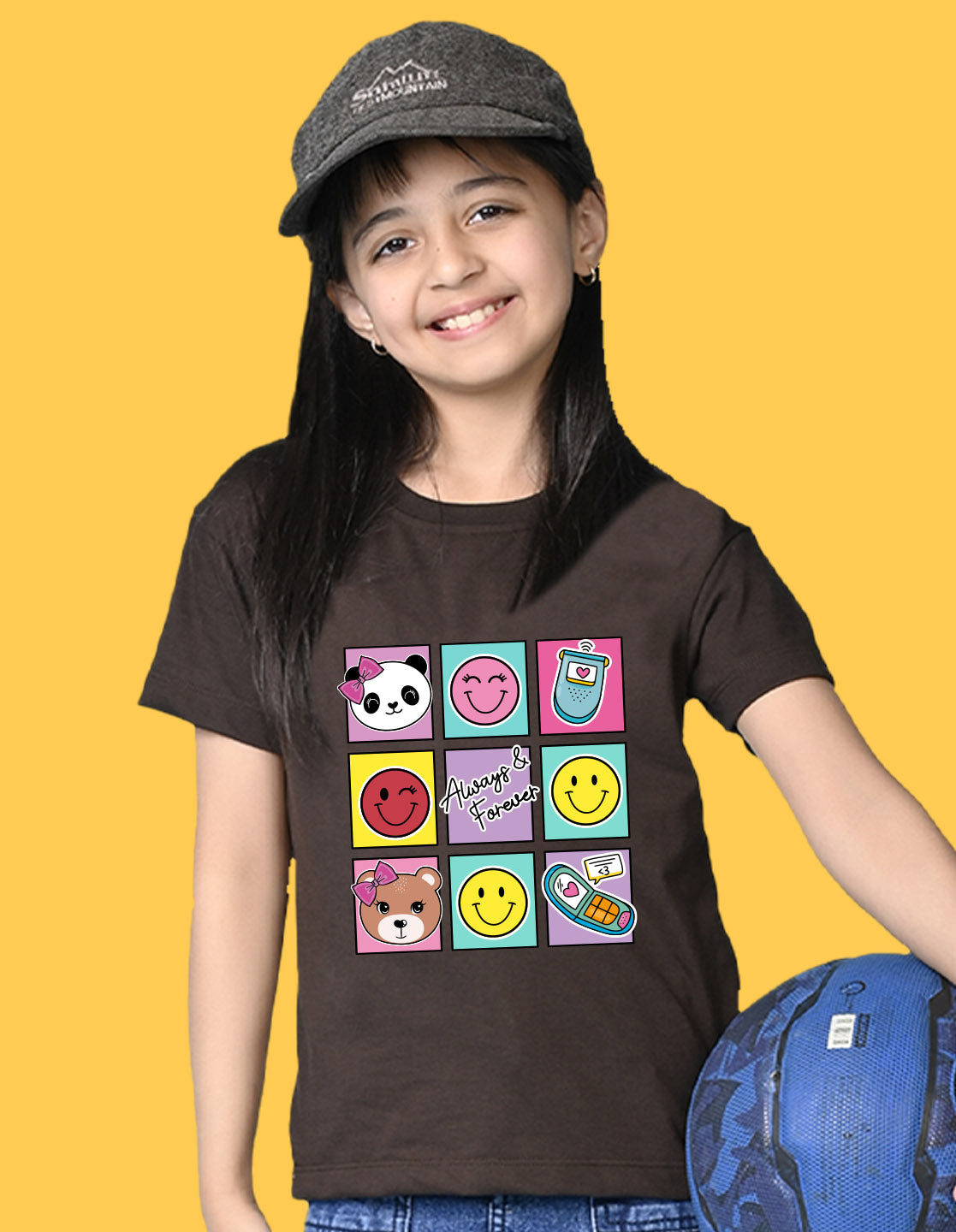 Nusyl Girls Brown Bears and smile emoji Printed  Printed  Short sleeve  Oversized T-shirts