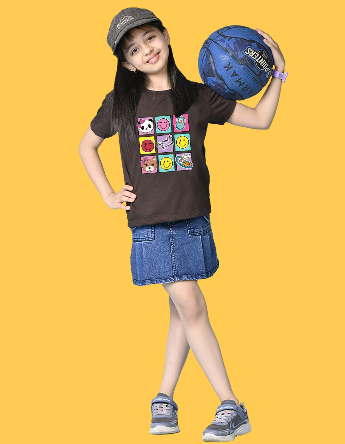 Nusyl Girls Brown Bears and smile emoji Printed  Printed  Short sleeve  Oversized T-shirts