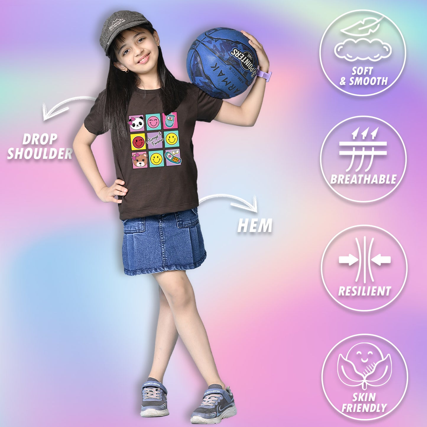 Nusyl Girls Brown Bears and smile emoji Printed  Printed  Short sleeve  Oversized T-shirts