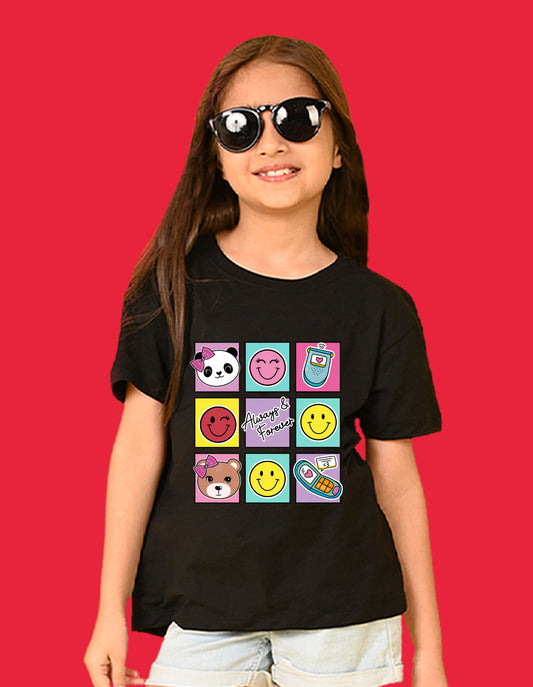 Nusyl Girls Black Bears and smile emoji Printed  Printed  Short sleeve  Oversized T-shirts