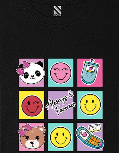 Nusyl Girls Black Bears and smile emoji Printed  Printed  Short sleeve  Oversized T-shirts