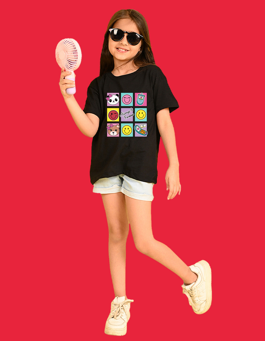 Nusyl Girls Black Bears and smile emoji Printed  Printed  Short sleeve  Oversized T-shirts