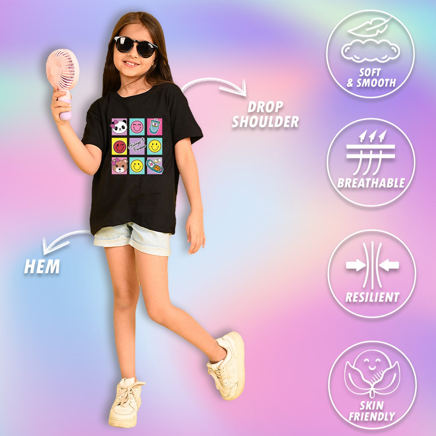 Nusyl Girls Black Bears and smile emoji Printed  Printed  Short sleeve  Oversized T-shirts