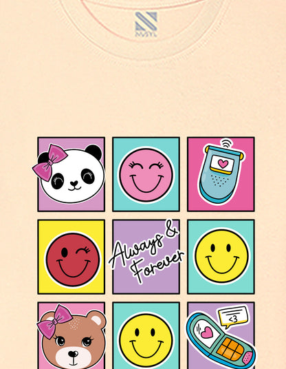 Nusyl Girls Beige Bears and smile emoji Printed  Printed  Short sleeve  Oversized T-shirts