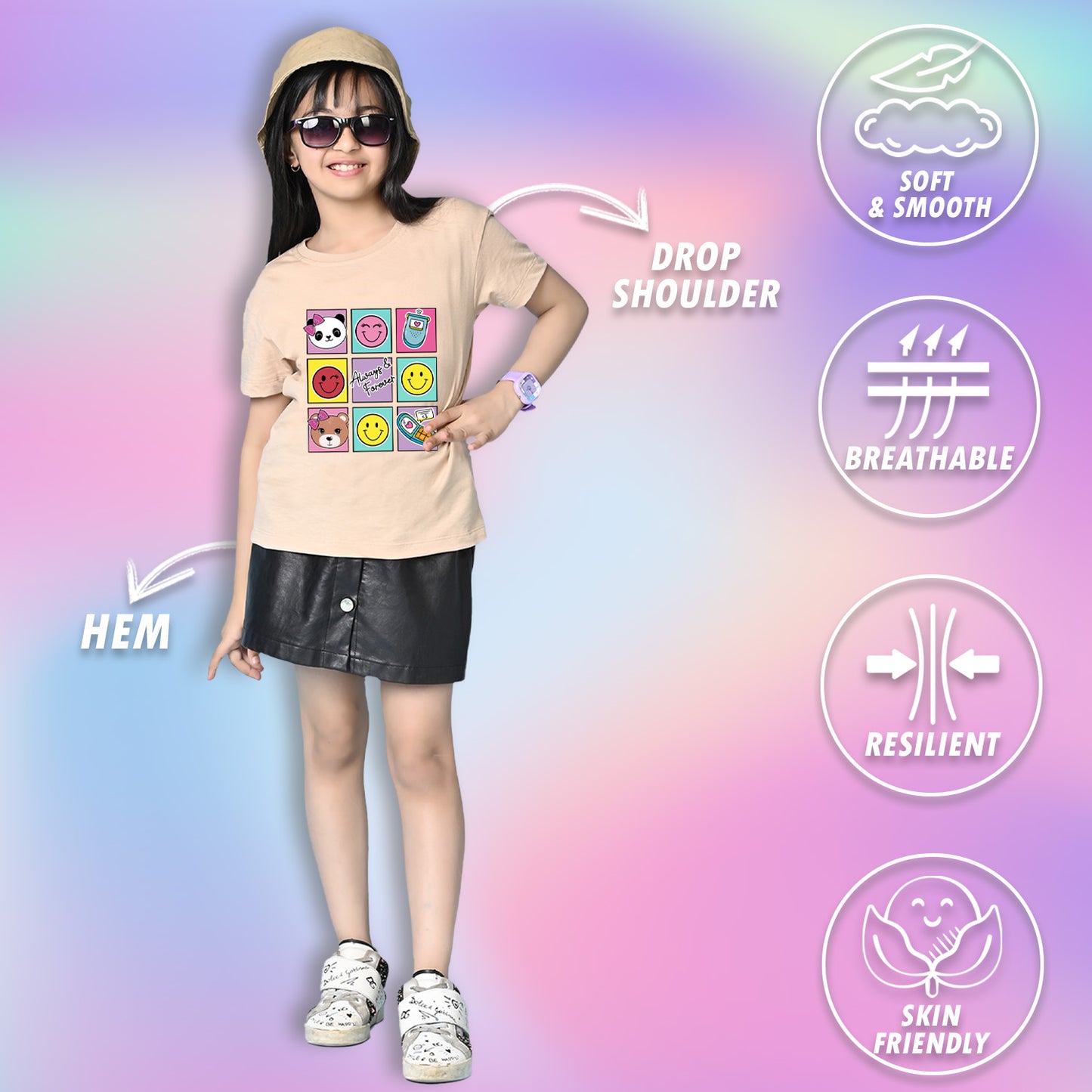 Nusyl Girls Beige Bears and smile emoji Printed  Printed  Short sleeve  Oversized T-shirts