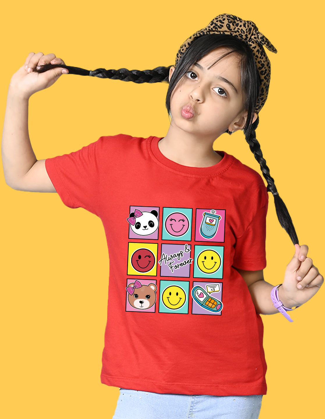Nusyl Girls Red Bears and smile emoji Printed  Printed  Short sleeve  Oversized T-shirts