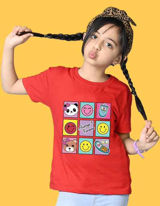 Nusyl Girls Red Bears and smile emoji Printed  Printed  Short sleeve  Oversized T-shirts