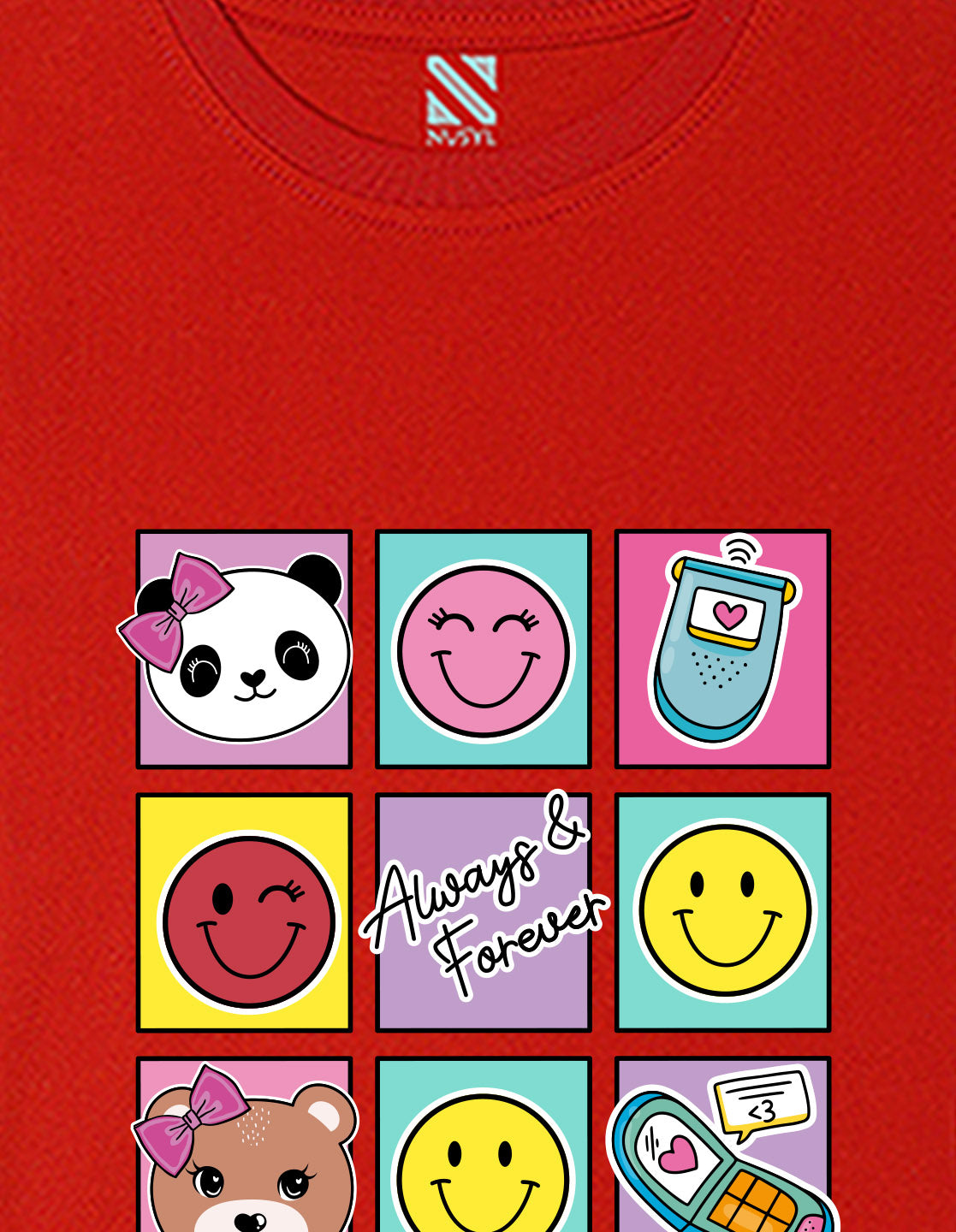 Nusyl Girls Red Bears and smile emoji Printed  Printed  Short sleeve  Oversized T-shirts