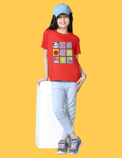 Nusyl Girls Red Bears and smile emoji Printed  Printed  Short sleeve  Oversized T-shirts