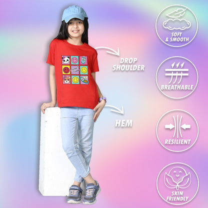 Nusyl Girls Red Bears and smile emoji Printed  Printed  Short sleeve  Oversized T-shirts