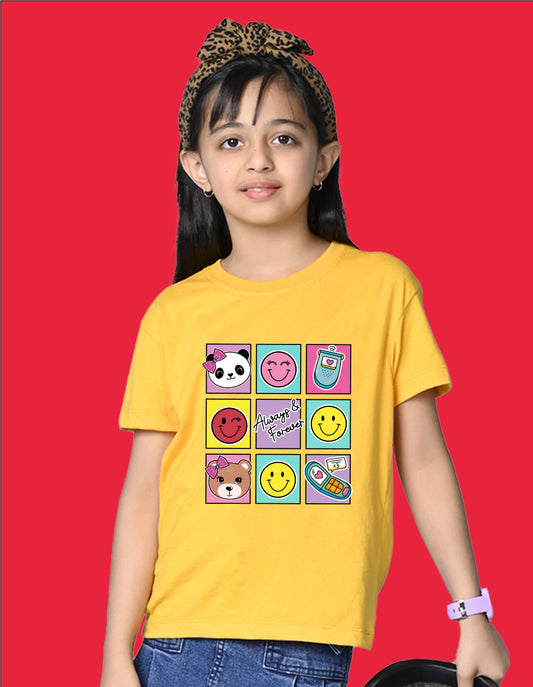 Nusyl Girls Yellow Bears and smile emoji Printed  Printed  Short sleeve  Oversized T-shirts