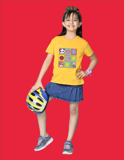 Nusyl Girls Yellow Bears and smile emoji Printed  Printed  Short sleeve  Oversized T-shirts