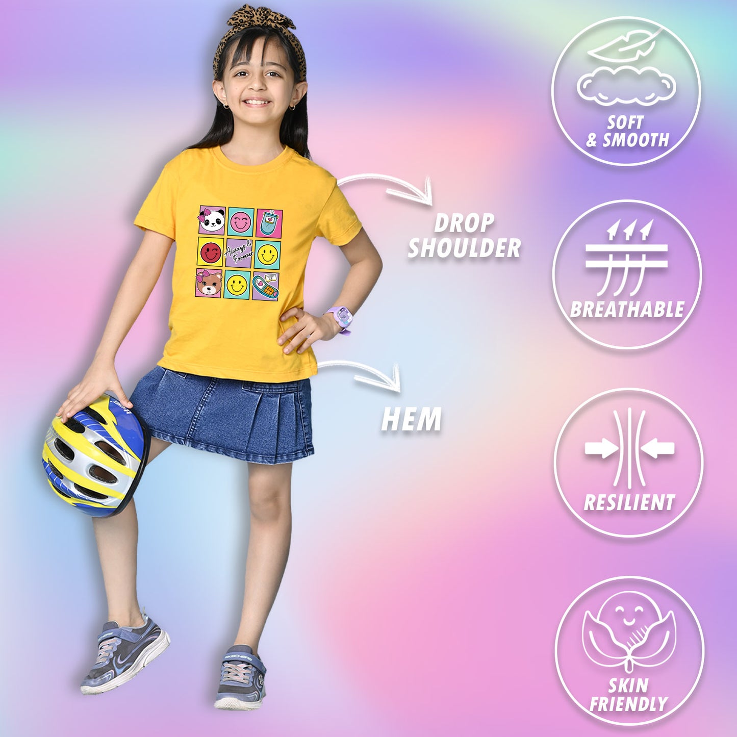 Nusyl Girls Yellow Bears and smile emoji Printed  Printed  Short sleeve  Oversized T-shirts