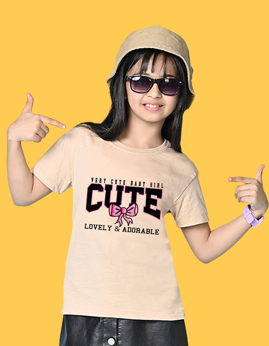 Nusyl Girls Beige Lovely & adorable Text Printed  Short sleeve Cotton Blend Oversized T-shirts